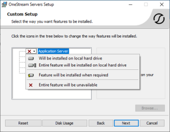 Custom Setup dialog box with Application Server highlighted to show dropdown menu
